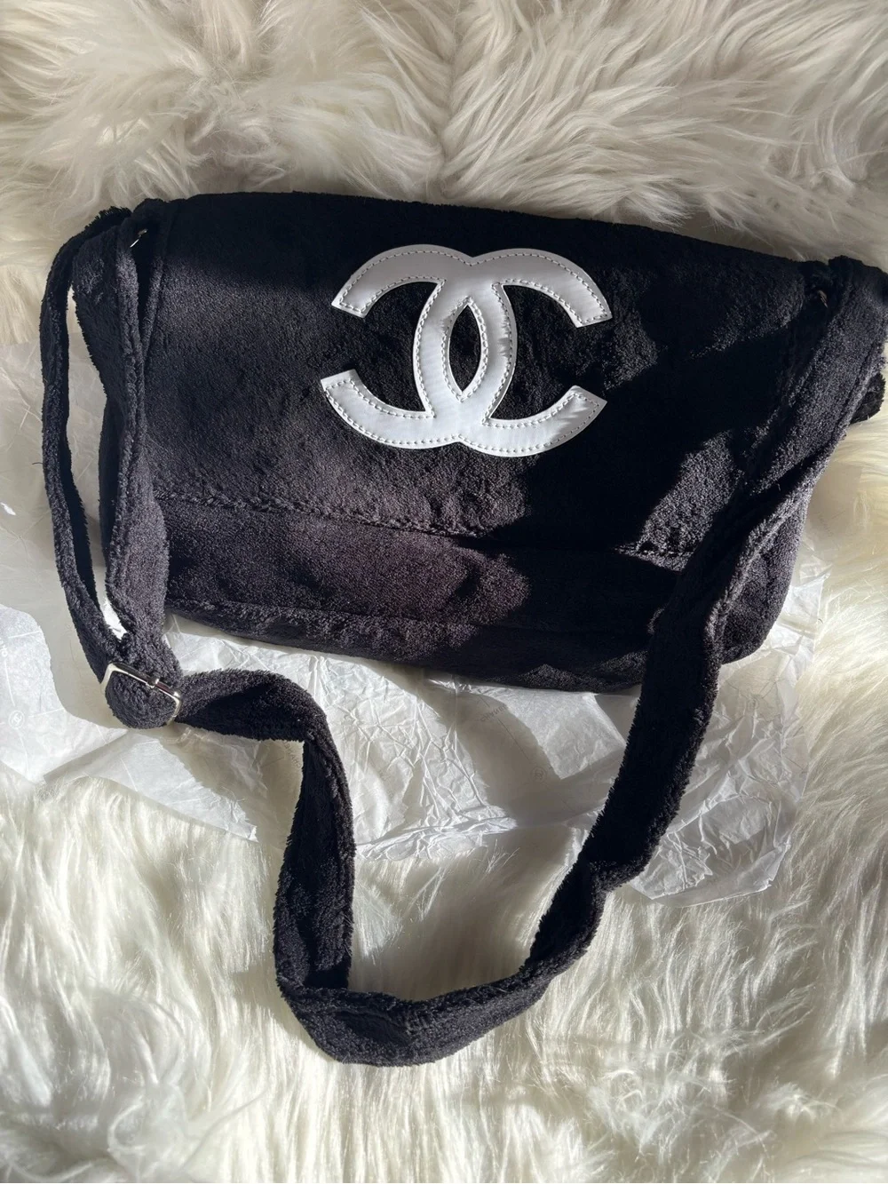 Black and White BEAUTE Plush Shoulder Bag